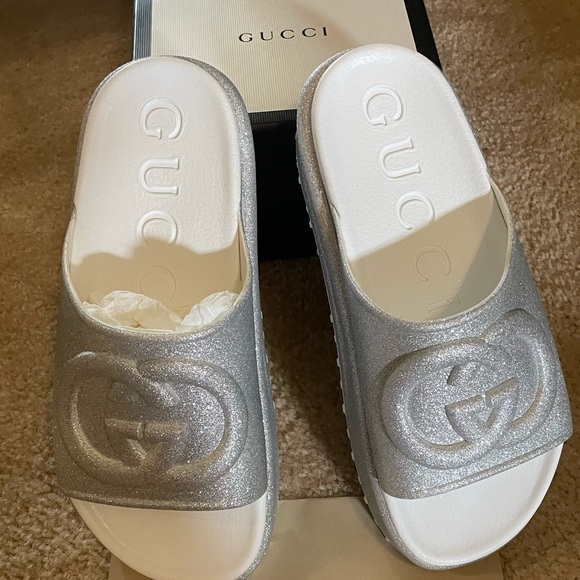 NWT! GUCCI silver glitter interlocking GG logo platform slide - 6 - Picture 8 of 13
